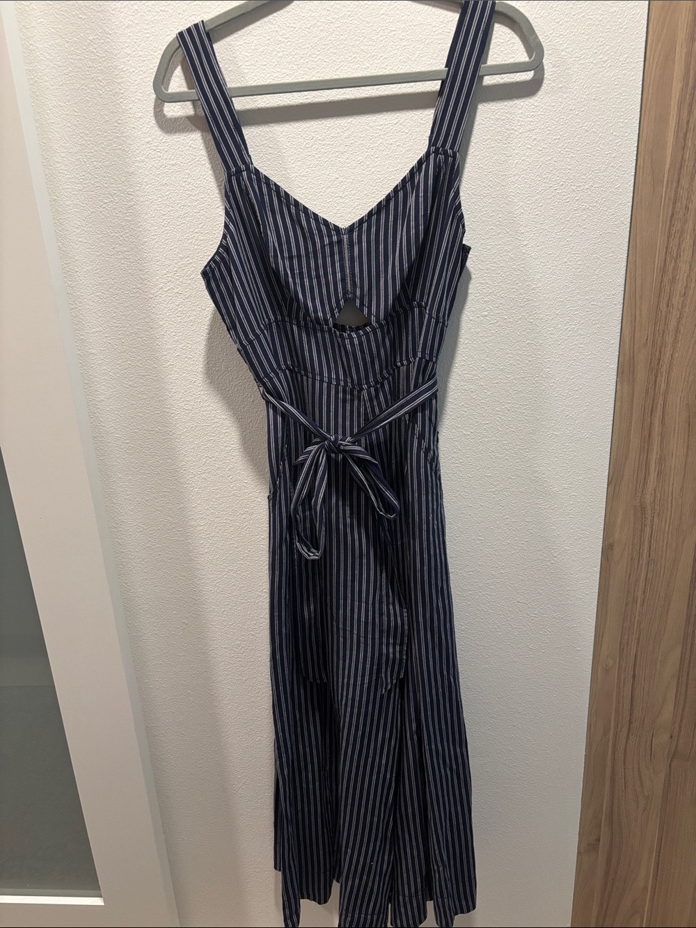 Anthropologie Navy and White Striped Sleeveless Midi Dress with Tie Waist